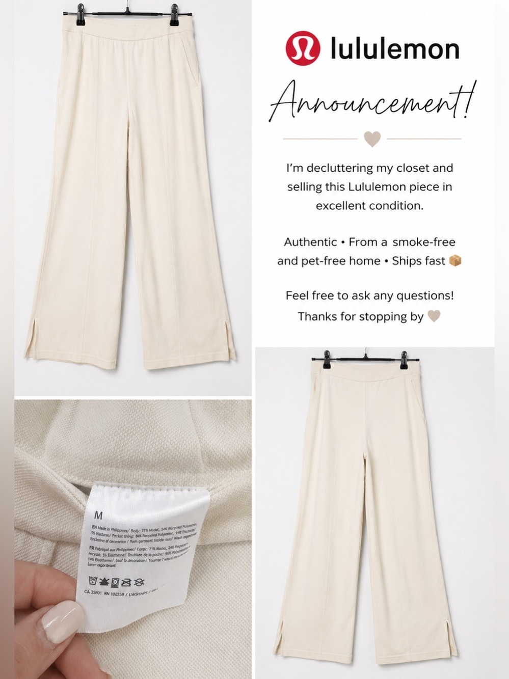 Lululemon Cream Wide Leg Modal Blend Pants Size M Soft Stretch Lounge Travel - Picture 3 of 8